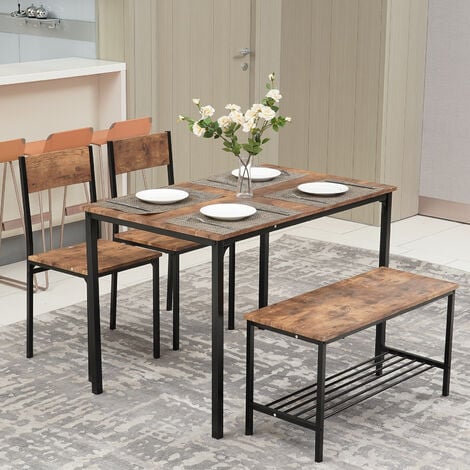 Puluomis Dining Table and Chairs Set, Modern Industrial Style Dining Room Furniture, Metal Frame, for Dining Room Kitchen Bistro Bar Restaurant Patio, 4 Pieces, 1 Table 2 Chairs and 1 Bench, Brown