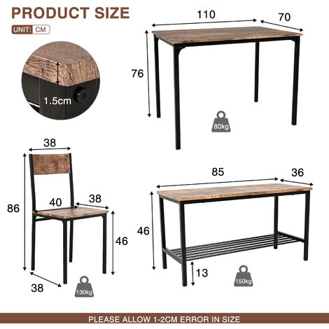 Puluomis Dining Table and Chairs Set, Modern Industrial Style Dining Room Furniture, Metal Frame, for Dining Room Kitchen Bistro Bar Restaurant Patio, 4 Pieces, 1 Table 2 Chairs and 1 Bench, Brown