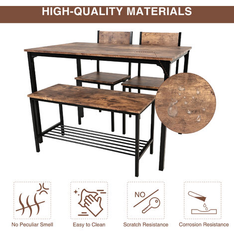 Puluomis Dining Table and Chairs Set, Modern Industrial Style Dining Room Furniture, Metal Frame, for Dining Room Kitchen Bistro Bar Restaurant Patio, 4 Pieces, 1 Table 2 Chairs and 1 Bench, Brown