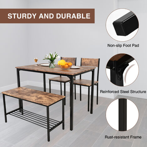 Puluomis Dining Table and Chairs Set, Modern Industrial Style Dining Room Furniture, Metal Frame, for Dining Room Kitchen Bistro Bar Restaurant Patio, 4 Pieces, 1 Table 2 Chairs and 1 Bench, Brown