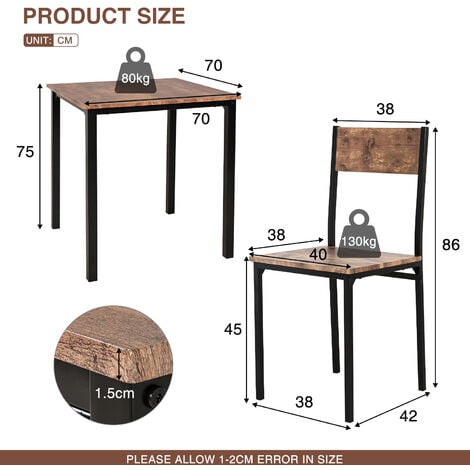 Puluomis Dining Table and Chairs Set, Modern Industrial Style Dining Room Furniture, Metal Frame, for Dining Room Kitchen Bistro Bar Restaurant Patio, 3 Pieces, 1 Table and 2 Chairs, Brown