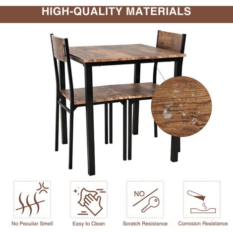 Puluomis Dining Table and Chairs Set, Modern Industrial Style Dining Room Furniture, Metal Frame, for Dining Room Kitchen Bistro Bar Restaurant Patio, 3 Pieces, 1 Table and 2 Chairs, Brown
