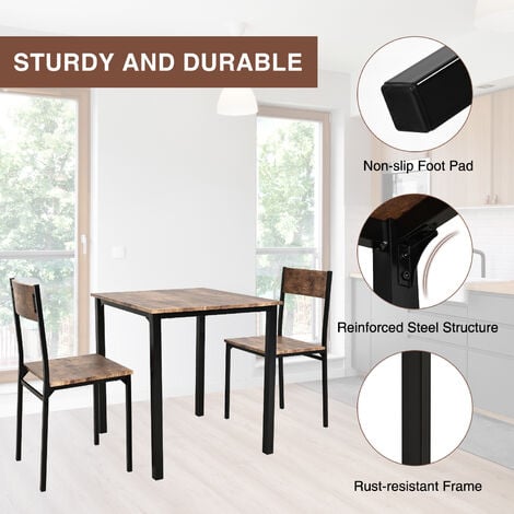 Puluomis Dining Table and Chairs Set, Modern Industrial Style Dining Room Furniture, Metal Frame, for Dining Room Kitchen Bistro Bar Restaurant Patio, 3 Pieces, 1 Table and 2 Chairs, Brown