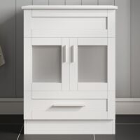 Puluomis Bathroom Sink Cabinet Unit, Tempered Glass Basin, Hand-painted Washbowl, with Chrome Tap, Waste, Water Supply Lines, White