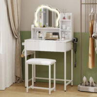 Dressing Table with LED Lighted, Cloud Shape Mirror Makeup Vanity Desk with 5 Hooks, Bedroom