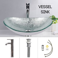 Bathroom Tempered Glass Sink Basin Boat Shape Hand-painting Free Oil Rubbed Tap Pop-up Waste Combo Set Silver - Silver
