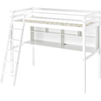 3FT Loft Bed Frame, Solid Wood Study Bunk Bed, High Sleeper Children Bed with Shelves and Desk for Kids/Teens/Adults (Frame Only, 90x190cm)