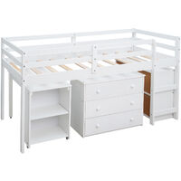 3FT Cabin Bed Frame, Pine Wood Children Bed, Multiple Functions Loft Bed, Mid Sleeper, with Movable Desk, Three drawers, Shelves, Kids, Boys, Girls, White