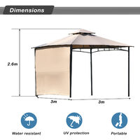 Patio Gazebo with An Extendable Awning, 180g/m² Outdoor Shade Shelter with A Side Panel, Wide Covered Area, Powder-Coated Steel, Robust Roof with Water-Repellent Coating , 3m x 3m x 2.6m, Light brown