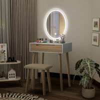 Puluomis Dressing Table with LED Lights Mirror, Vanity Makeup Table Set with Adjustable Brightness Mirror, Cushioned Stool and Free Make-up Organizer, Single Drawer, Wood-color