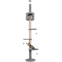 Floor to Ceiling Cat Tree, 4-Tier Cat Tower, 220-260cm Height Adjustable, Climbing Activity Center, with Scratching Post, Cozy Condo, Hanging Balls, Grey
