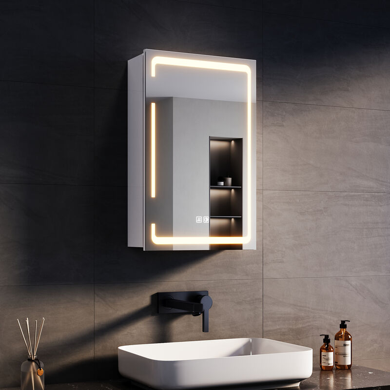 SONNI Armadietto Specchio da Bagno LED 38x60x14cm con Antiappannamento Illuminazione  a Tre Colori Armadietti di Stoccaggio con Design a Cerniera Senza Fili e  Presa di Corrente