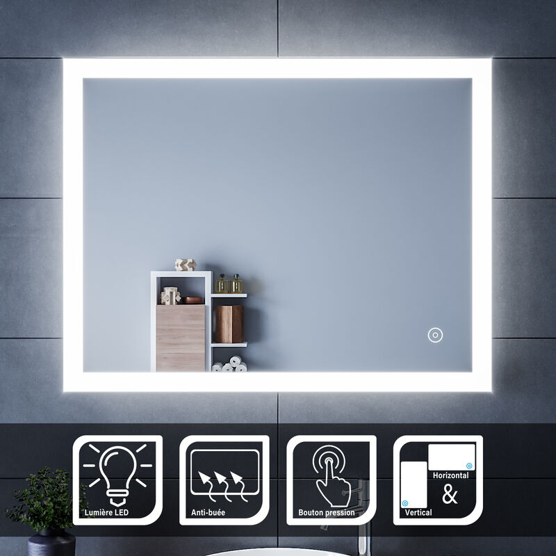 SIRHONA Specchio da Bagno Luce LED, Specchio Bagno Illuminato 90 x 70 cm con  Touch Control e Anti Appannamento, Semplicità Specchio da Parete  Impermeabile IP44 - Rettangolo