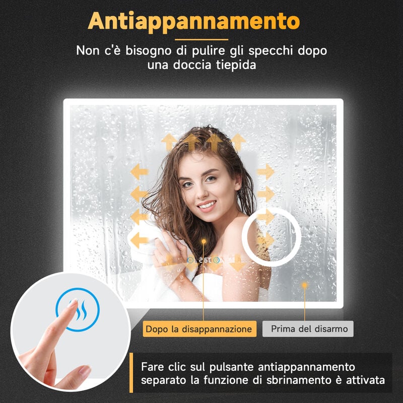 Specchio Bagno Con Luce 100x60cm - Orologio, Temperatura, Lente 3X, Antiappannamento, Vetro Antideflagrante - Foto 5