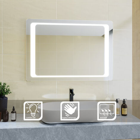SIRHONA Specchio da Bagno a LED da Muro 100x70cm Specchio Parete con Interruttore a Infrarossi e Anti Appannamento Specchio da Parete Moderno Rettangolo Impermeabile IP44