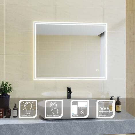 SIRHONA Specchio da Bagno a LED da Muro 70x90cm Specchio Parete con Interruttore Touch Specchio da Parete Moderno Rettangolo Impermeabile IP44