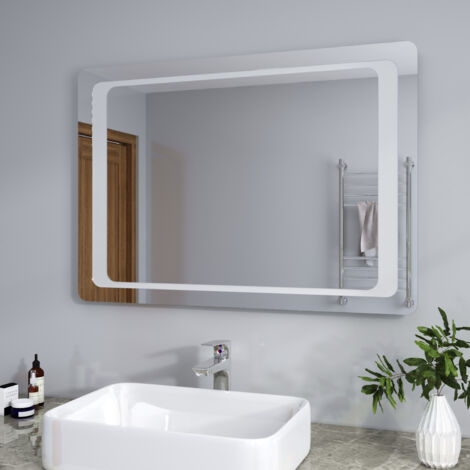 SIRHONA 100x70 cm Specchio da Bagno LED Specchio Bagno Illuminato con Interruttore a Infrarossi e Anti Appannamento Specchio da Parete Moderno Rettangolo Impermeabile IP44