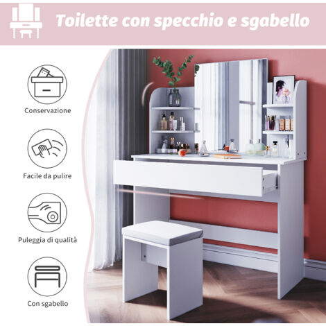 YITAHOME Grande Tavolo da Toeletta con Illuminazione e Sgabello, 5 Cassetti, 2 Armadietti, Luci LED RGB, Specchio, 4 Ripiani Aperti, Bianco