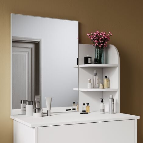 SIRHONA Toeletta con Specchio Tavolo da Trucco con 1 Cassetto e 2 Ripiani Portaoggetti Postazione Trucco Moderno 70 x 40 x 140cm Mobile da Trucco - Bianca