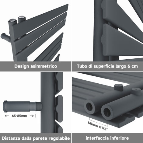 SONNI Scaldasalviette Acqua Calda Termoarredo Radiatore Design Laterale Verticale Scaldasalviette Connessione Laterale Antracite 760x500mm 679 W