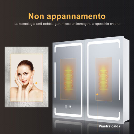 Armadietto A Specchio Per Bagno Paris HAPA Design - Alluminio, 60x60x14,5 Cm - 2 Ante, LED 13,2W, Presa Integrata
