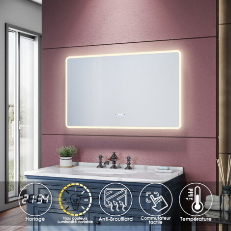 SIRHONA Specchio da Bagno Antiappannamento con Illuminazione a LED Interruttore Tattile e Visualizza ora e temperatura Specchi da Parete Cosmetici a LED 1000 x 600 mm