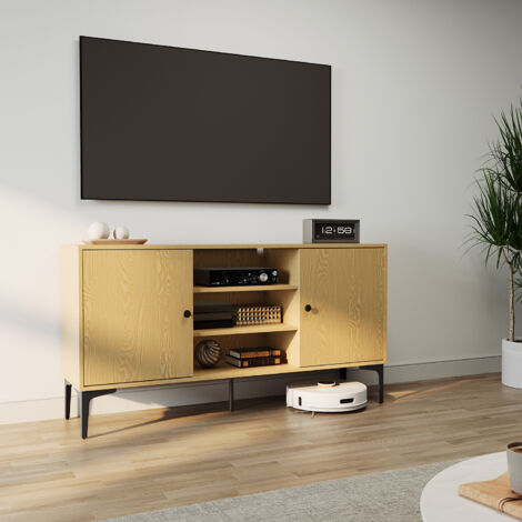 SIRHONA Mobile TV Industriale 2 Porte 3 Scomparti Design Retrò Materiale Particle Board Console TV Originale in Legno 140x35x70 cm Adatto per il Soggiorno sala di Intrattenimento (1/5)