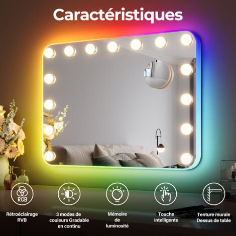 SIRHONA Specchio Make up con striscia cromatica RGB, lente d'ingrandimento 10X, luce a 3 colori regolabile 58×46 cm