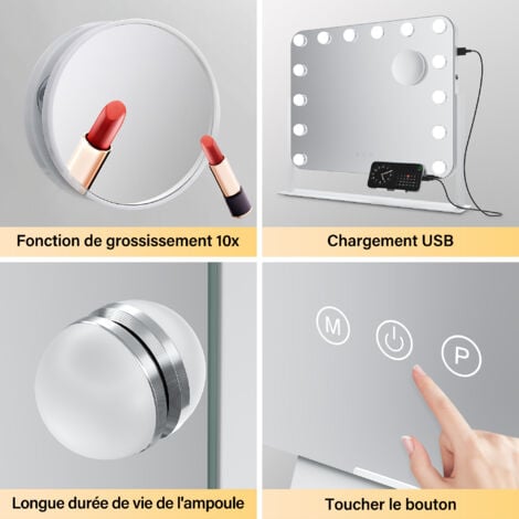 SIRHONA Specchio Make up ruotabile a 360°, dotato di funzione di ricarica USB. Portacellulare con luce regolabile a 3 colori 50×40 cm