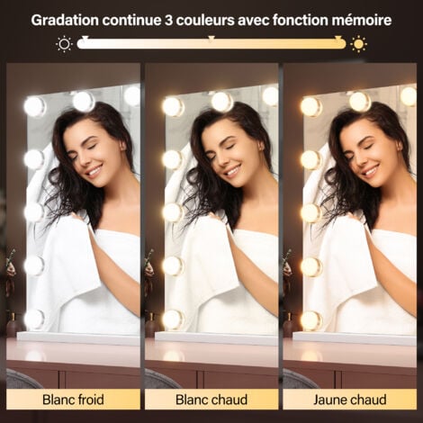 SIRHONA Specchio Make up con funzione di ricarica Bluetooth e USB. Con lente d'ingrandimento 10x e luce regolabile a 3 colori 80×60cm