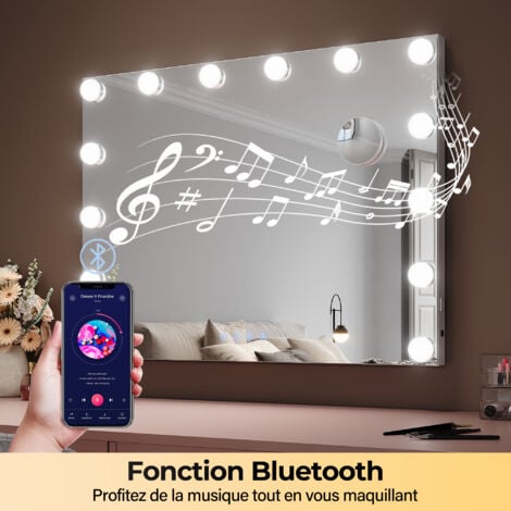 SIRHONA Specchio Make up con funzione di ricarica Bluetooth e USB. Con lente d'ingrandimento 10x e luce regolabile a 3 colori 80×60cm