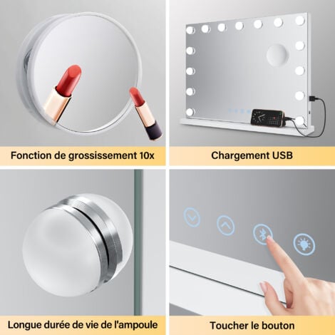 SIRHONA Specchio Make up con funzione di ricarica Bluetooth e USB. Con lente d'ingrandimento 10x e luce regolabile a 3 colori 80×60cm