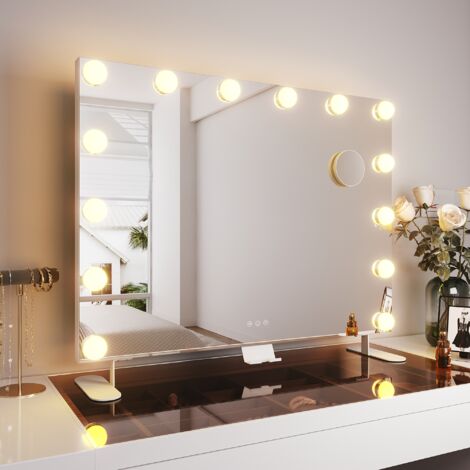 SIRHONA Specchio Make up con funzione di ricarica Bluetooth e USB. Portacellulare con lente d'ingrandimento 10x, luce regolabile a 3 colori 80×60cm