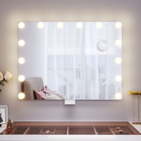 SIRHONA Specchio Make up con funzione di ricarica Bluetooth e USB. Portacellulare con lente d'ingrandimento 10x, luce regolabile a 3 colori 80×60cm