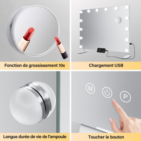 SIRHONA Specchio Make up con funzione di ricarica Bluetooth e USB. Portacellulare con lente d'ingrandimento 10x, luce regolabile a 3 colori 80×60cm