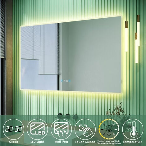 SIRHONA Specchio da Bagno Antiappannamento 100 x 60 cm con LED,Visualizzazione Temperatura / Orologio, Specchio Parete con Interruttore Touch Moderno Impermeabile IP44