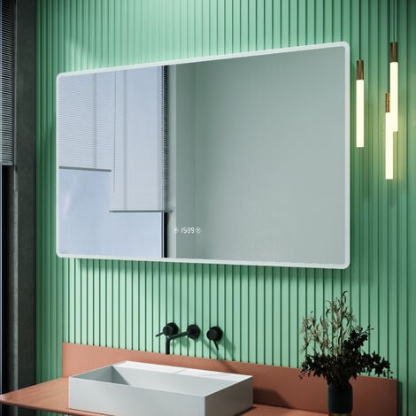 SIRHONA Specchio da Bagno Antiappannamento 100 x 60 cm con LED,Visualizzazione Temperatura / Orologio, Specchio Parete con Interruttore Touch Moderno Impermeabile IP44