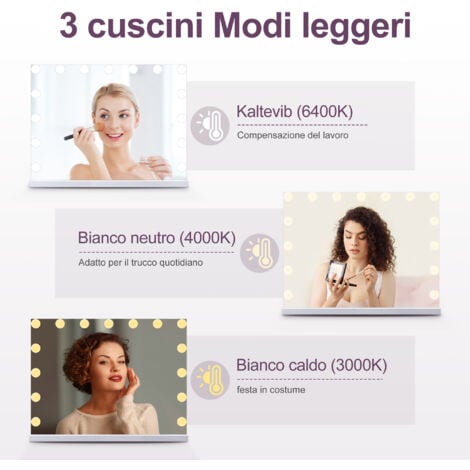 SIRHONA Specchio per il Trucco con LED Illuminato 58x45.5x12 cm, 15 Lampadine e Tocco 3 Colori Regolabili, Luci specchio Hollywood Vanity Mirror