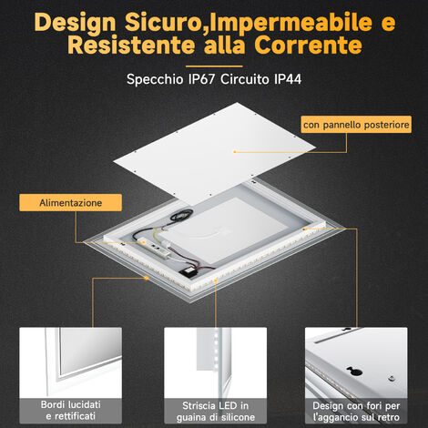 SONNI Specchio da Bagno Illuminato a LED Specchio da Bagno Antiappannamento 70x50cm