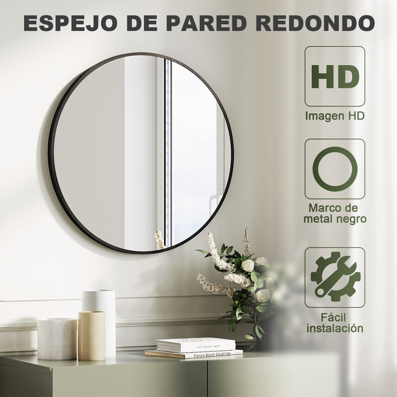 Espejo de Pared Redondo, Espejo Decorativo de Pared, 61 cm de Diámetro,  Marco Metálico, para Salón
