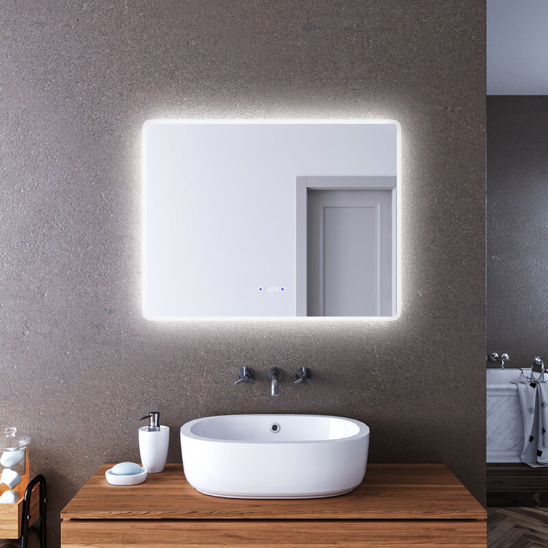 SONNI Espejo Baño con Luz Bluetooth 5.0 y Antivaho 120x70 cm Espejo de Baño  con Luz LED Interruptor Táctil,con Reloj/Indicador de Temperatura,IP65