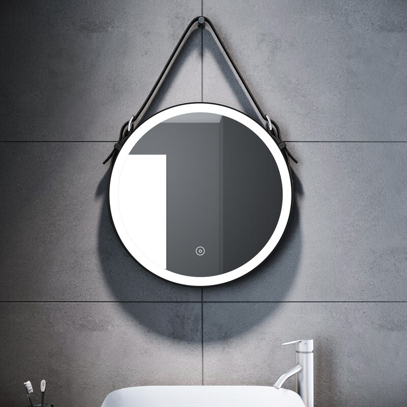 SONNI Espejo de Baño Redondo Marco de Aluminio Negro Diseño de