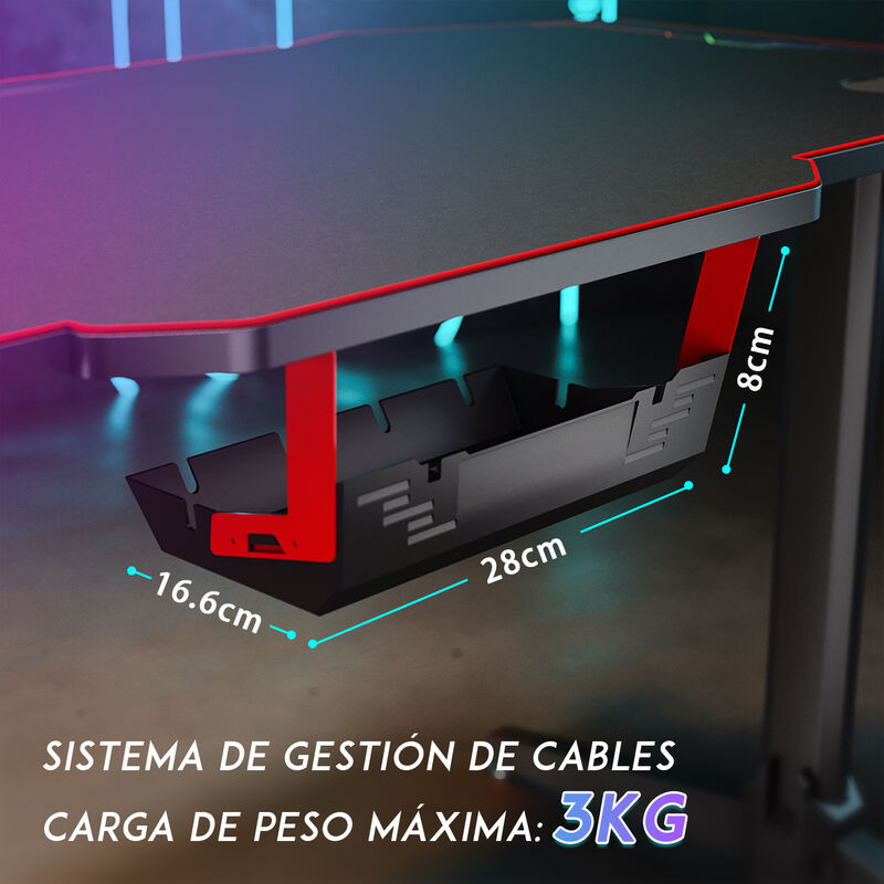 HOMCOM Mesa Gaming 120x66x76 cm con Luz LED RGB y Control Remoto Escritorio  Gaming Desk con Portavasos Gancho para Auriculares Soporte para Mandos  Gamepad Fibra de Carbono Negro y Rojo