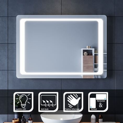 SIRHONA Espejo Baño con Luz Antivaho 100x70cm Espejo Baño LED de Pared Rectangular con Interruptor Táctil con Luz Interruptor Sensor IR