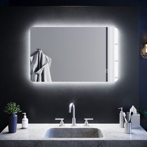 SIRHONA Espejo Baño con Luz Antivaho 80x50 cm Interruptor Táctil Espejo  Baño LED Pared,Blanco Frío Bajo Consumo