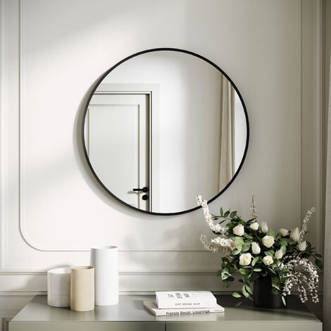 SONNI Espejo de Baño Redondo Marco de Aluminio Negro Diseño de