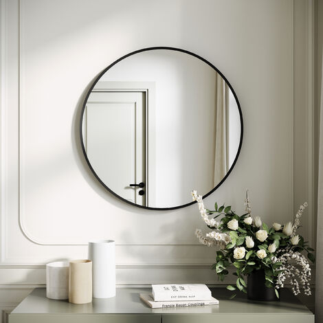 SONNI Espejo de Baño Redondo Marco de Aluminio Negro Diseño de Espejo Redondo Sencillo y Luminoso 50x50cm