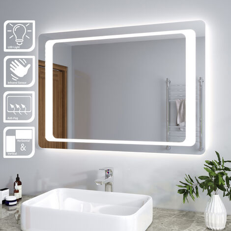SIRHONA Espejo de Baño con luces 100x70cm LED Espejo Cuadrado de Baño con Función Antivaho Espejo de Baño con Interruptor Táctil Luz de Interruptor con Sensor de Infrarrojos IP44 Ahorro de Energía