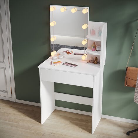 Mesa de tocador de maquillaje, mesa de maquillaje con espejo grande y 10  luces LED, brillo ajustable, escritorio con cajones y estantes, escritorio  de