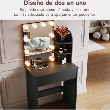 Tocador de maquillaje con espejo iluminado, espejo negro con luces y juego  de mesa, juego de tocador con 10 LED, escritorio con 3 modos de iluminación
